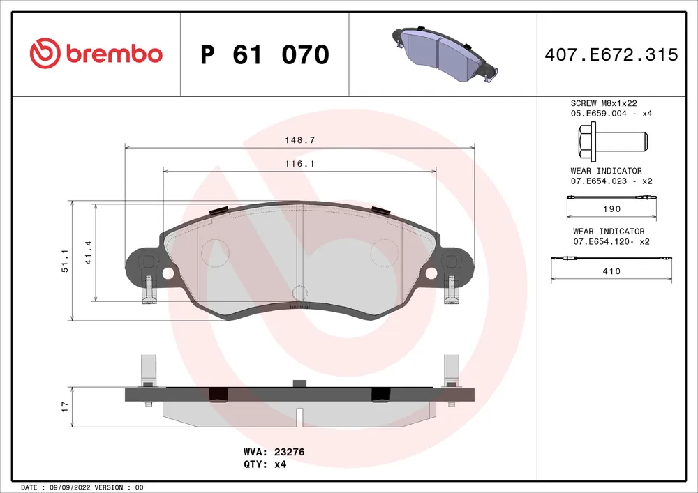 Sada brzdových destiček, kotoučová brzda BREMBO P61070 Finální Výprodej
