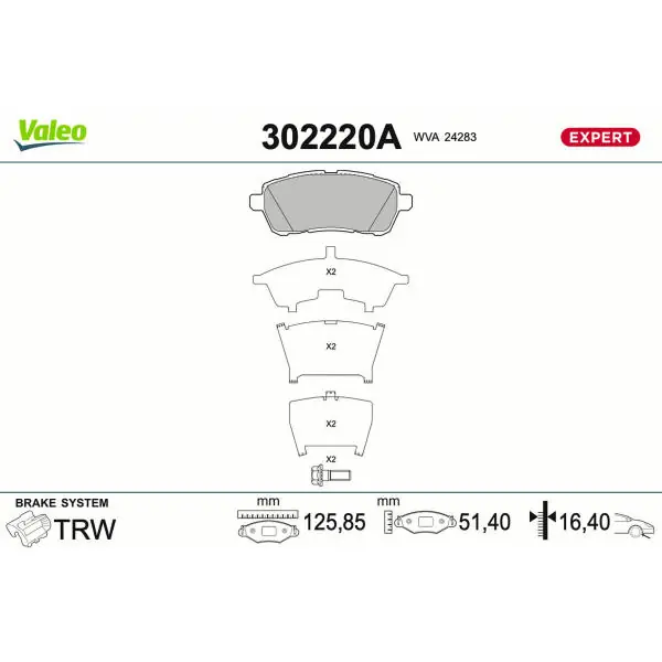 Sada brzdových destiček, kotoučová brzda VALEO 302220A Ověřený
